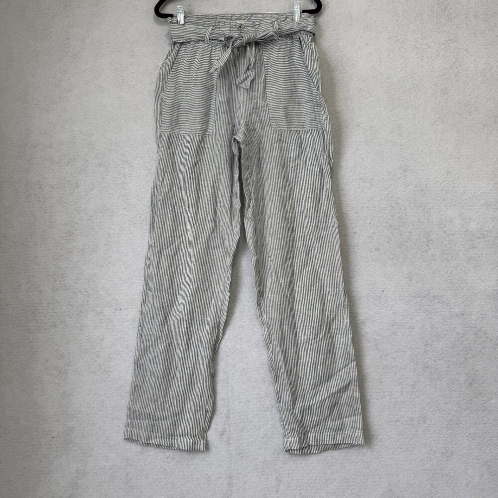 C&C California Pants Womens Small White Linen Paperbag Straight Belted Striped